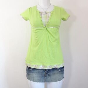 lime green layered plaid henley top y2k